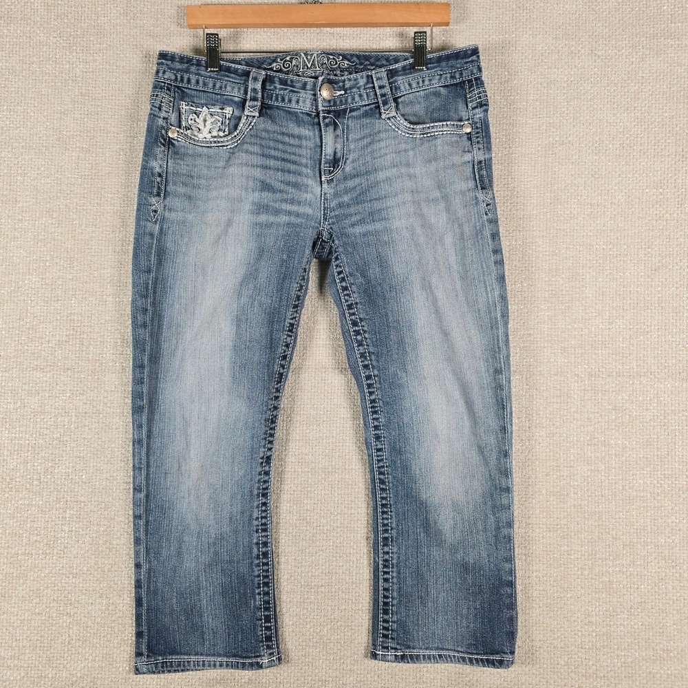 Maurices Premium Womens Medium Wash Embellished Capri Jeans‎ Blue Cropped 34x23